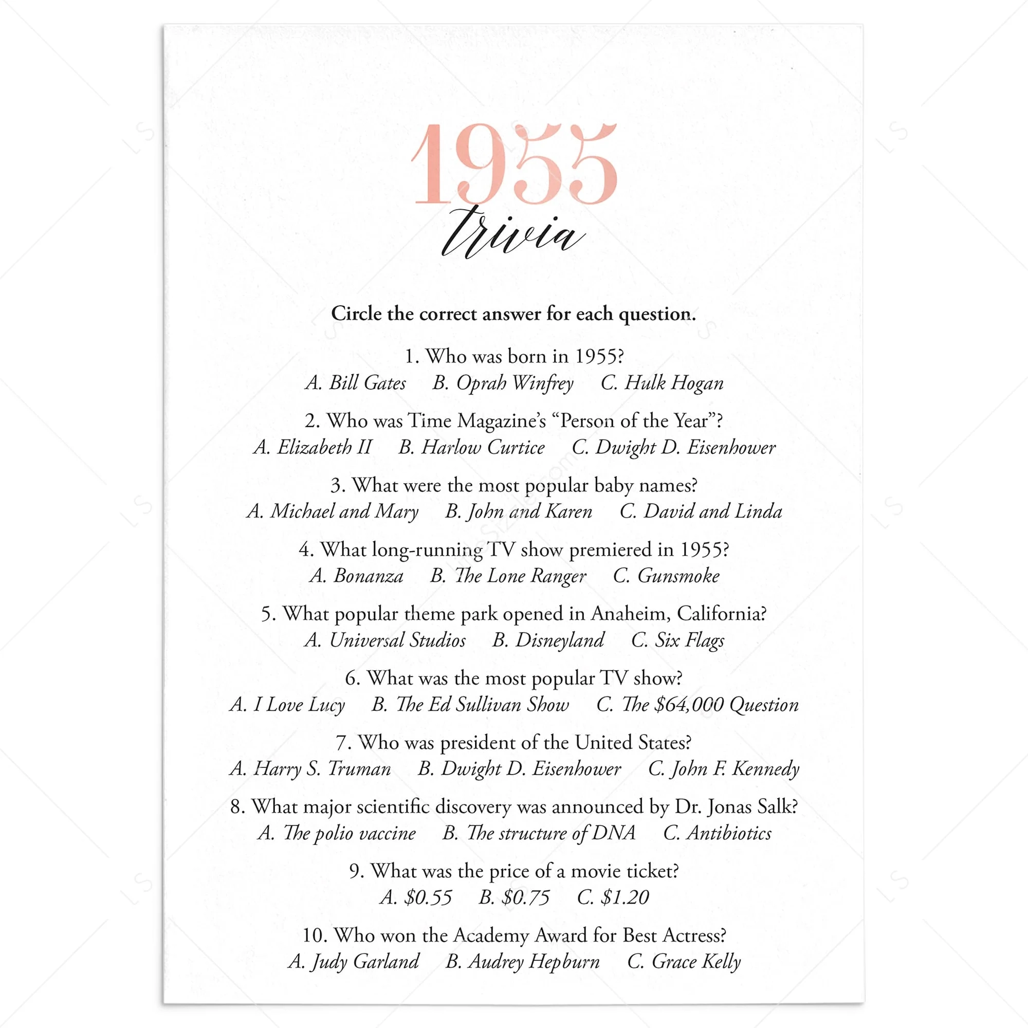 1955 Trivia Questions And Answers Printable Instant Download LittleSizzle 1955 Trivia Questions And Answers Printable Instant Download LittleSizzle