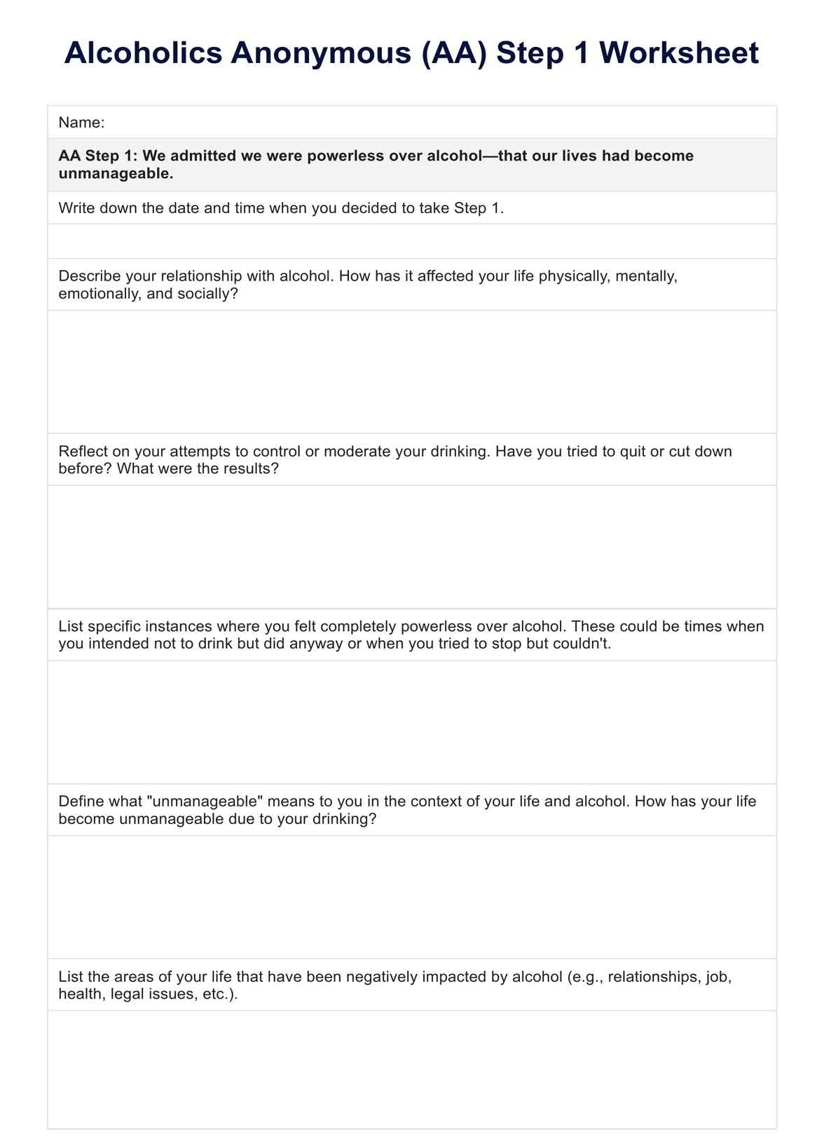 Printable Aa 4th Step Worksheets