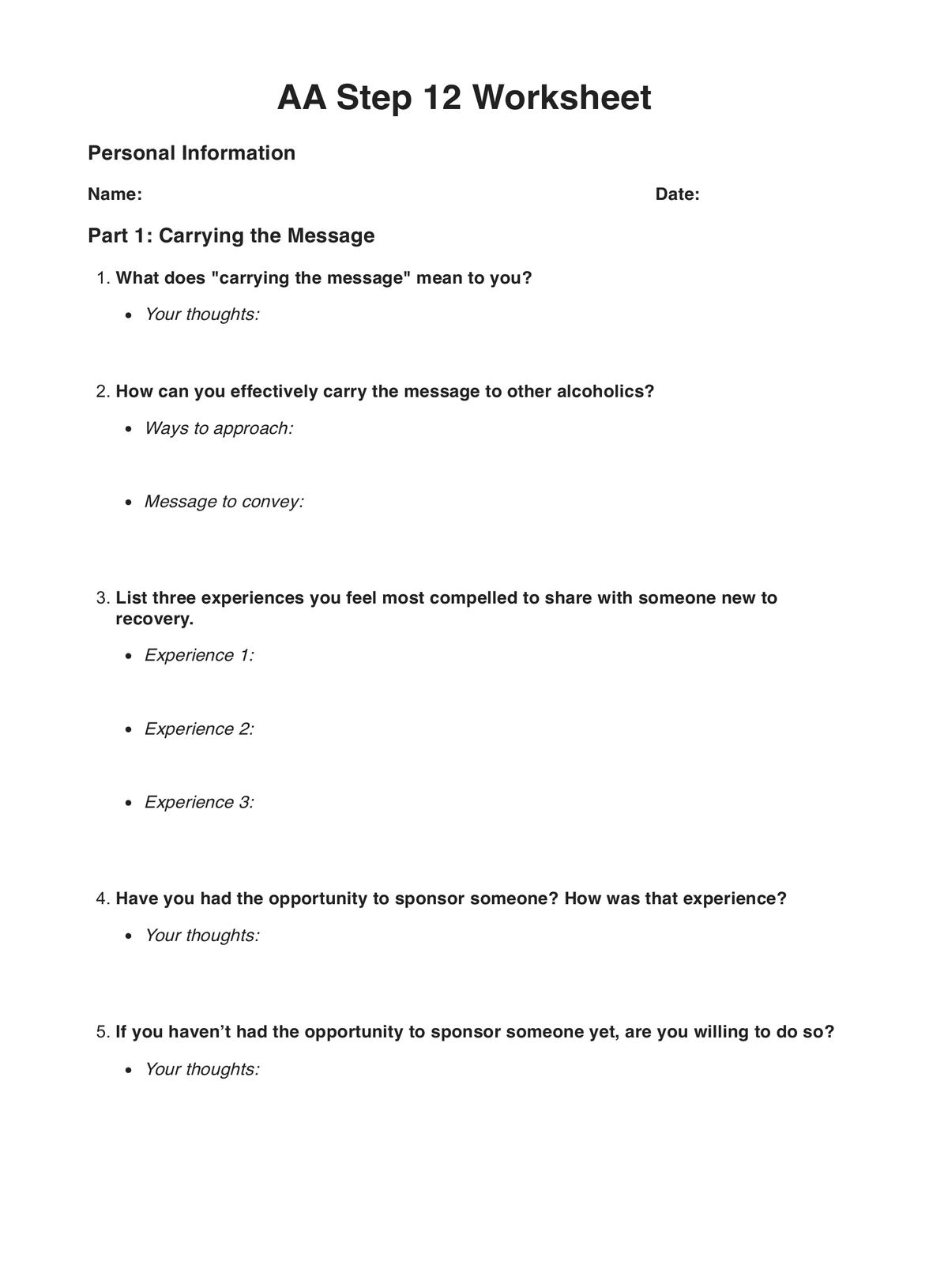 AA Step 12 Worksheets Example Free PDF Download AA Step 12 Worksheets Example Free PDF Download