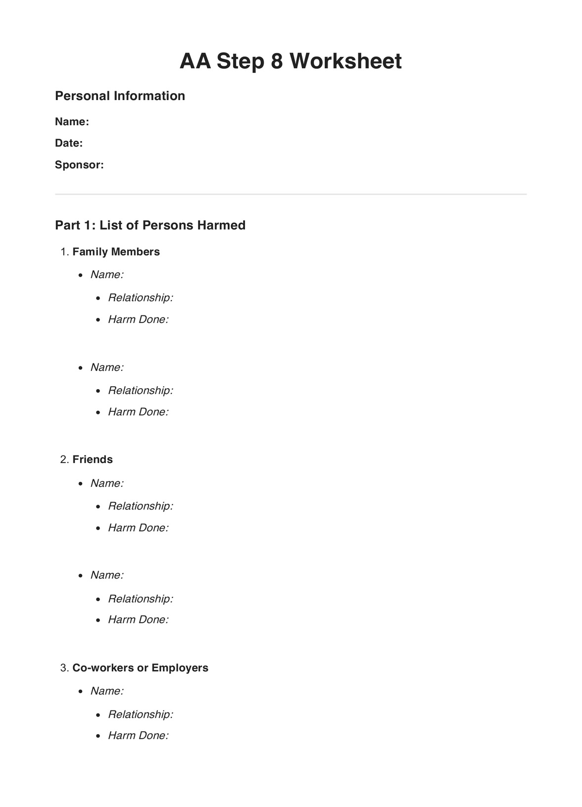 Free Printable Aa 12 Step Worksheets