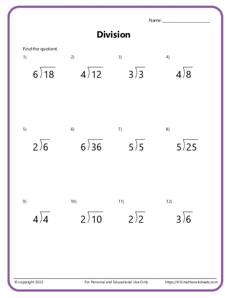Free Printable Division Worksheets