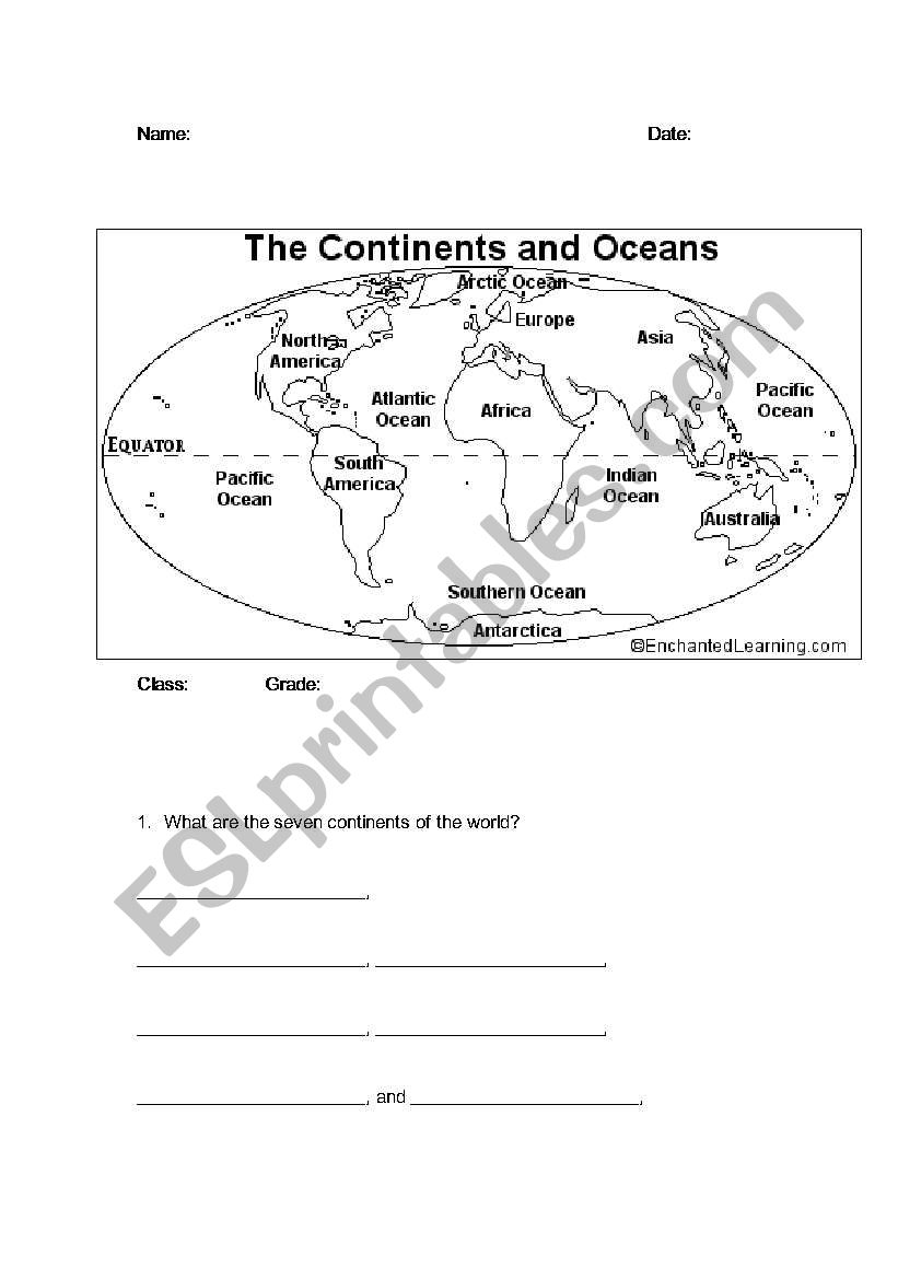 Printable Continents And Oceans Worksheet Pdf