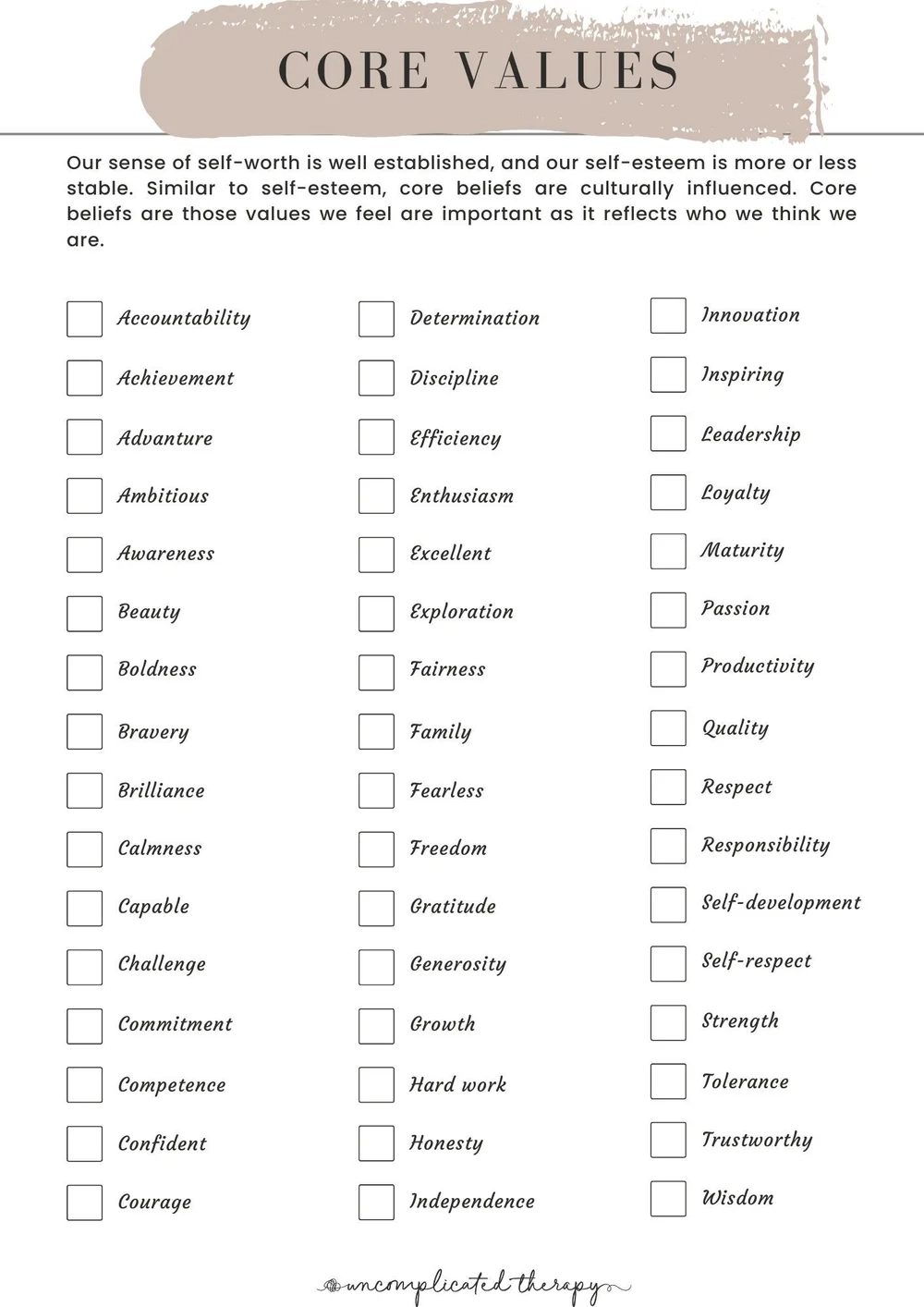 Core Values Worksheet For Therapists Counselors And Coaches Uncomplicated Therapy