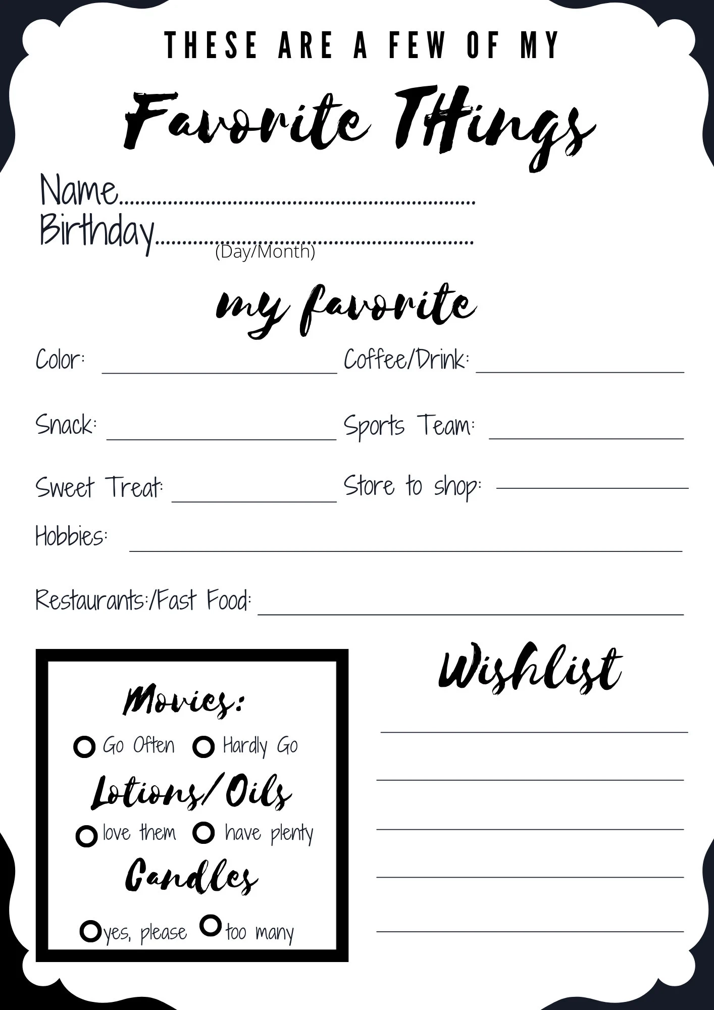 Customizable My Favorite Things Questionnaire 8 Customizable My Favorite Things Questionnaire 8