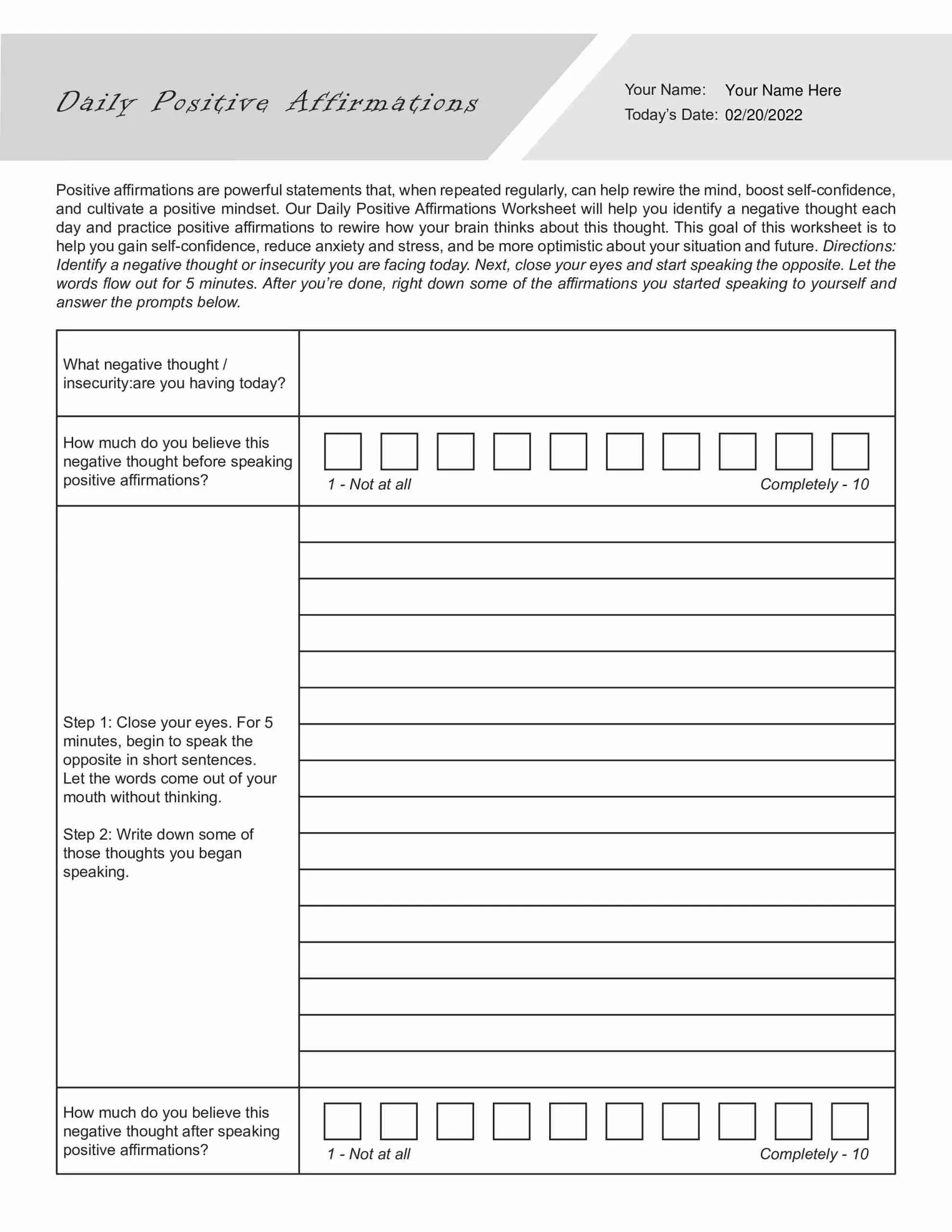 Daily Positive Affirmations Worksheet PDF 