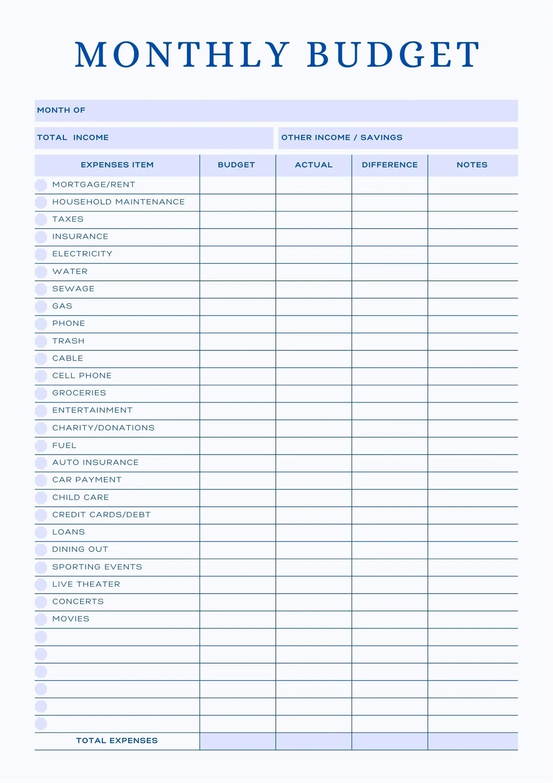 Printable Budget Worksheet