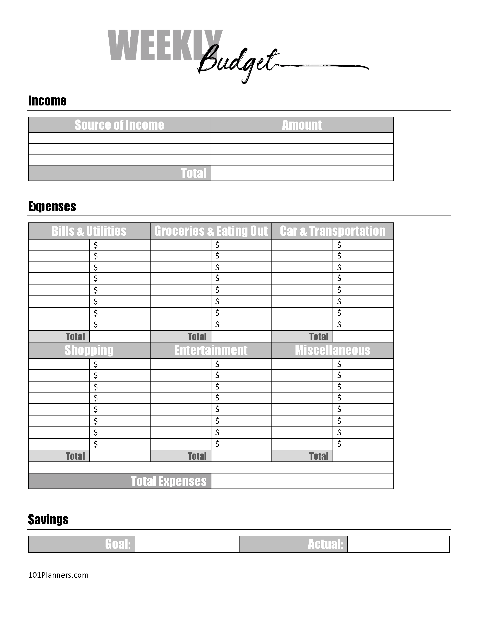 Single Person Free Printable Monthly Budget Worksheet