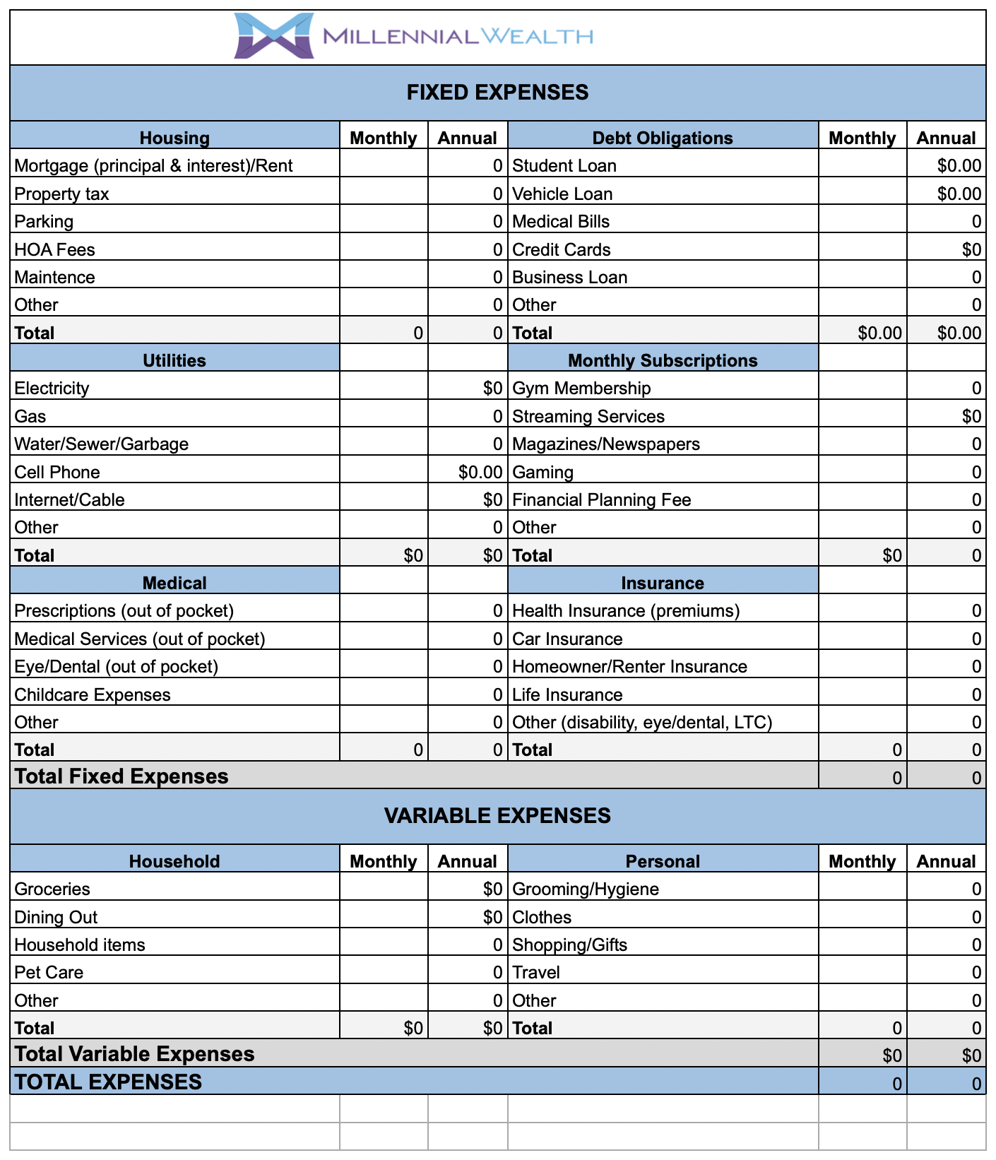 Free Personal Expense Worksheet Millennial Wealth LLC Free Personal Expense Worksheet Millennial Wealth LLC