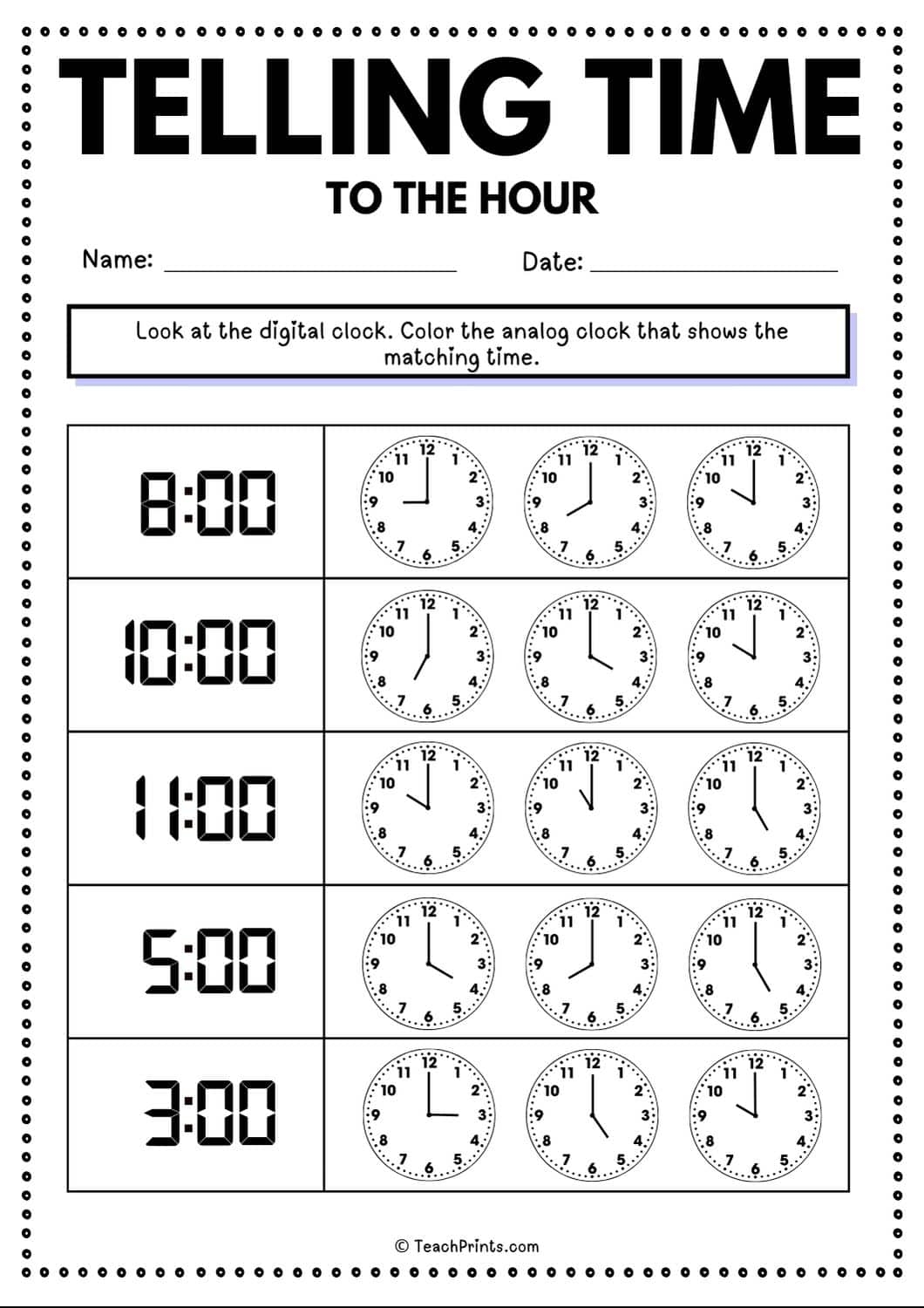 Free Telling Time To The Hour Worksheets Teach Prints Free Telling Time To The Hour Worksheets Teach Prints