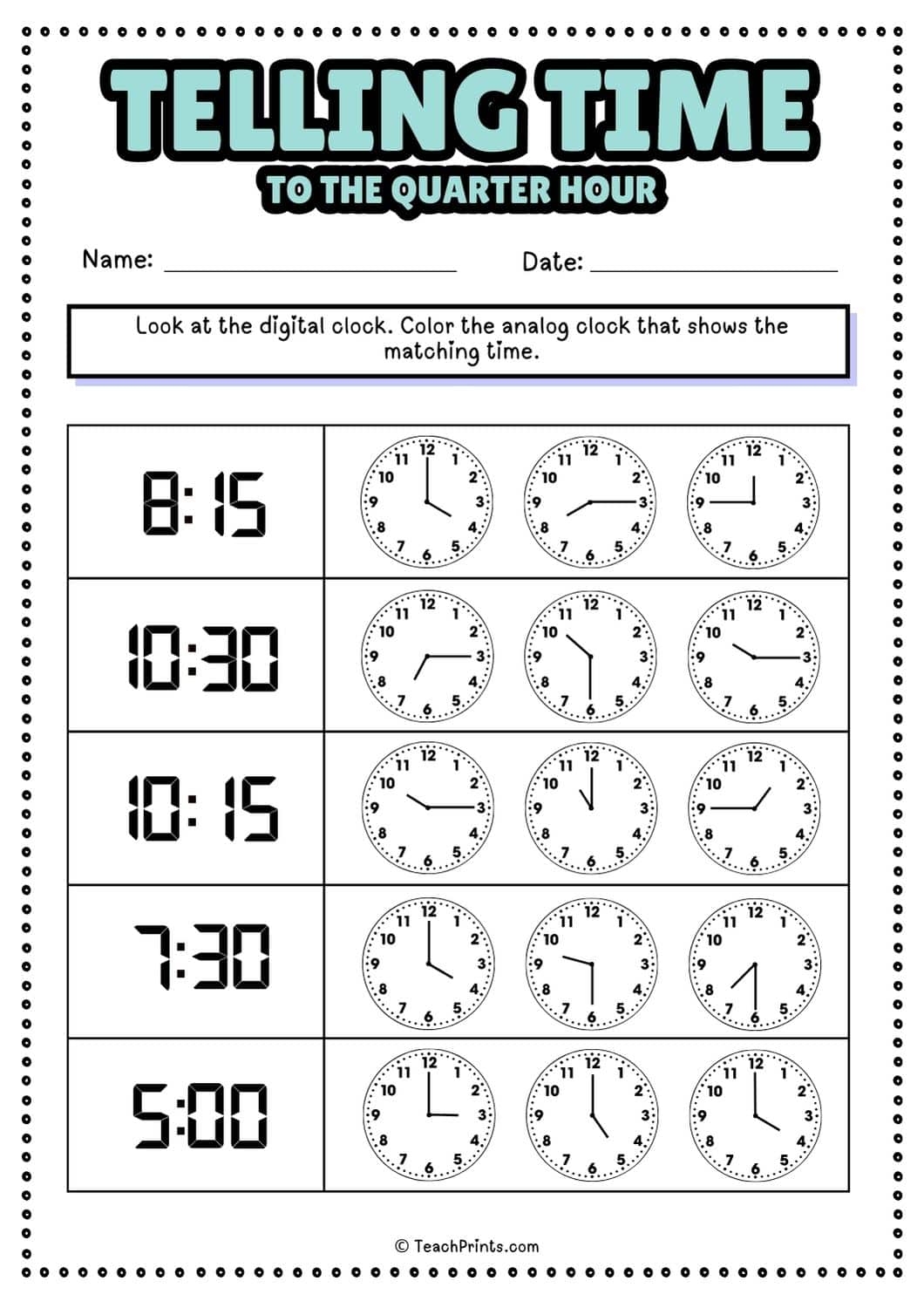 Free Telling Time To The Quarter Hour Worksheets Teach Prints Free Telling Time To The Quarter Hour Worksheets Teach Prints