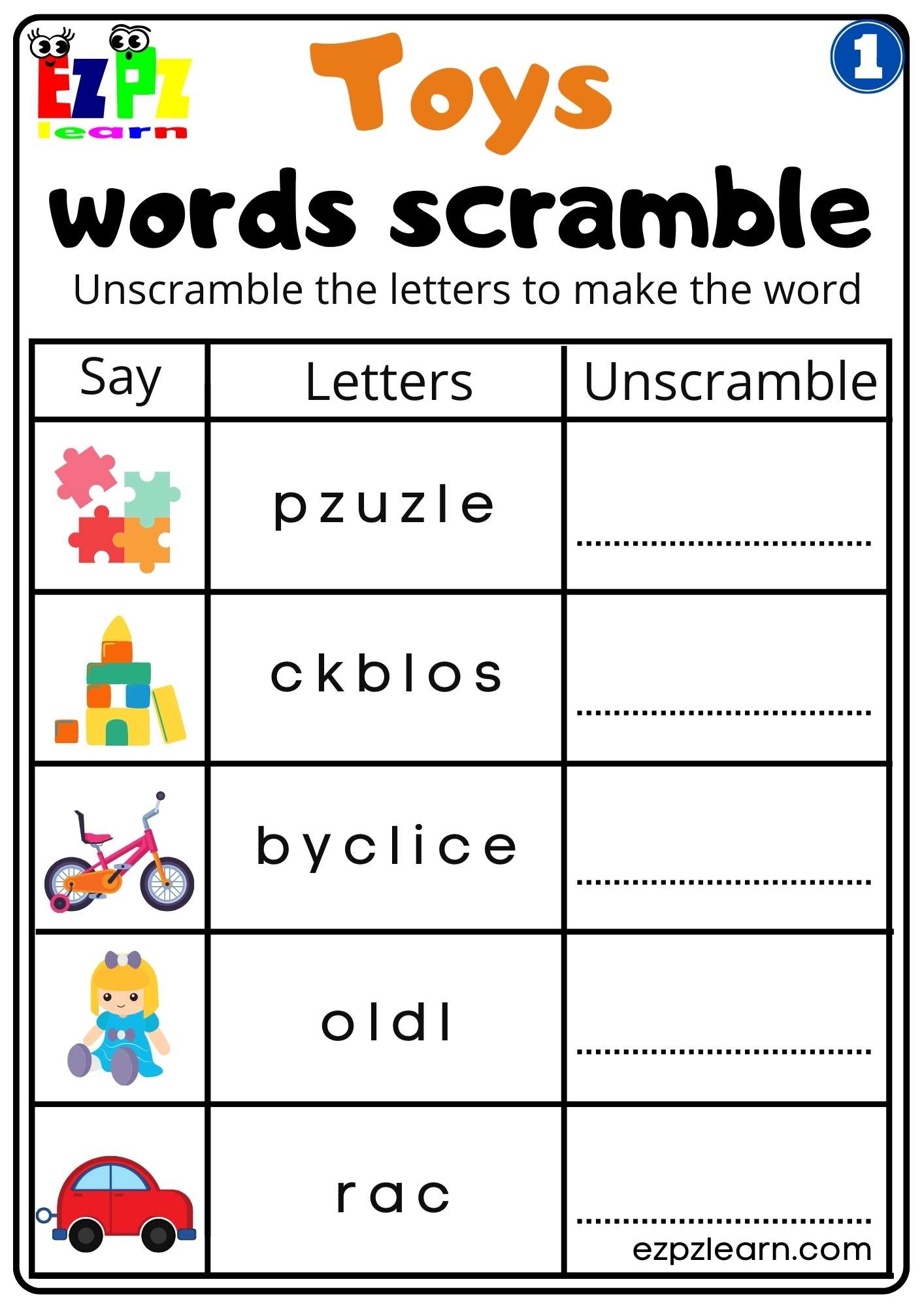 Group 1 Toys Words Scramble Vocabulary Worksheet For K5 And ESL Free PDF Download Ezpzlearn Group 1 Toys Words Scramble Vocabulary Worksheet For K5 And ESL Free PDF Download Ezpzlearn