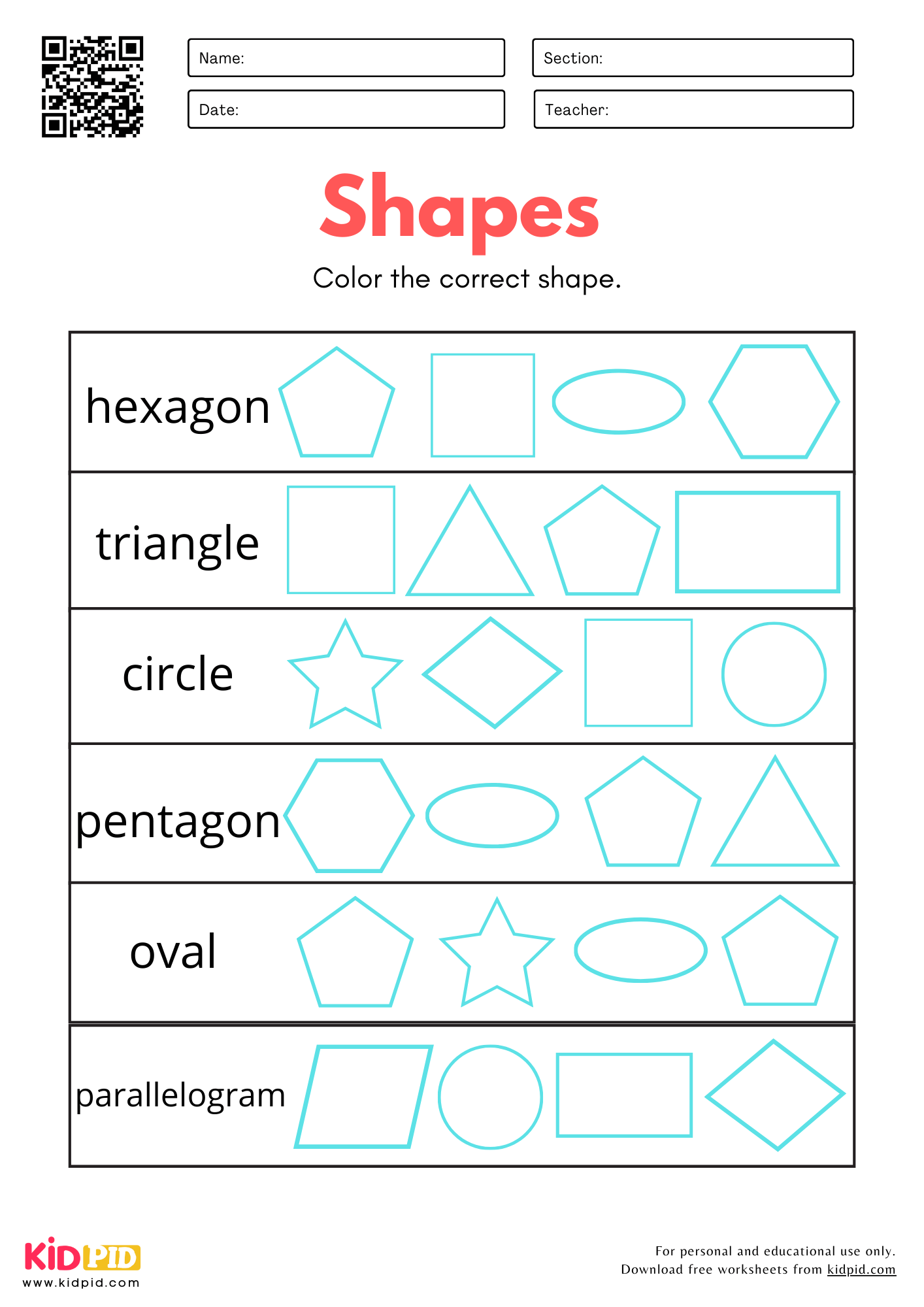 Identify 2D Shapes Worksheet For Kindergarten Kidpid Identify 2D Shapes Worksheet For Kindergarten Kidpid