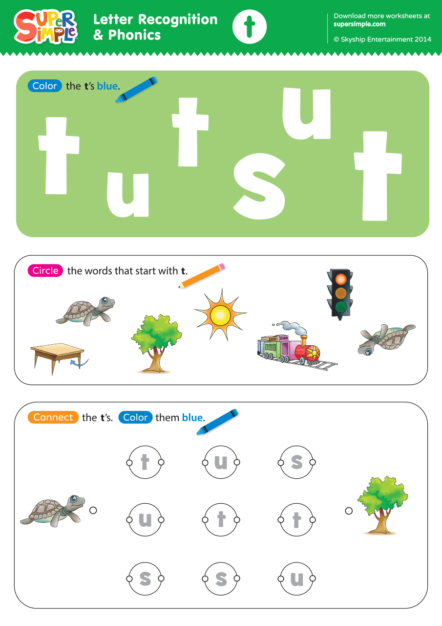 Letter Recognition U0026 Phonics Worksheet T lowercase Super Simple