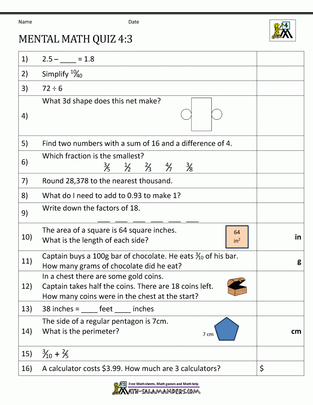 Free Printable Math Worksheets For 4th Grade