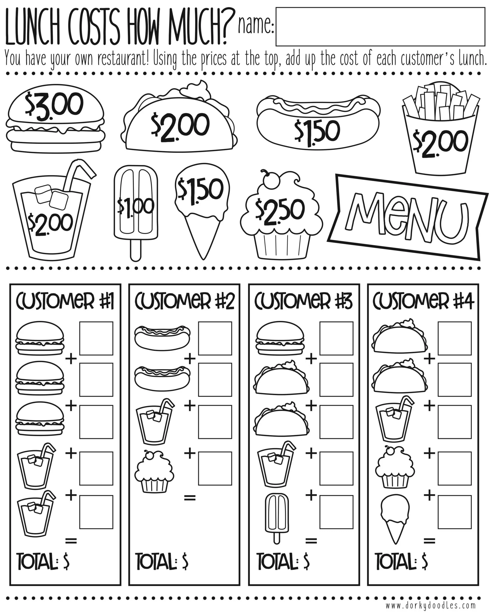 Money Math Practice How Much Does Lunch Cost Dorky Doodles Money Math Practice How Much Does Lunch Cost Dorky Doodles