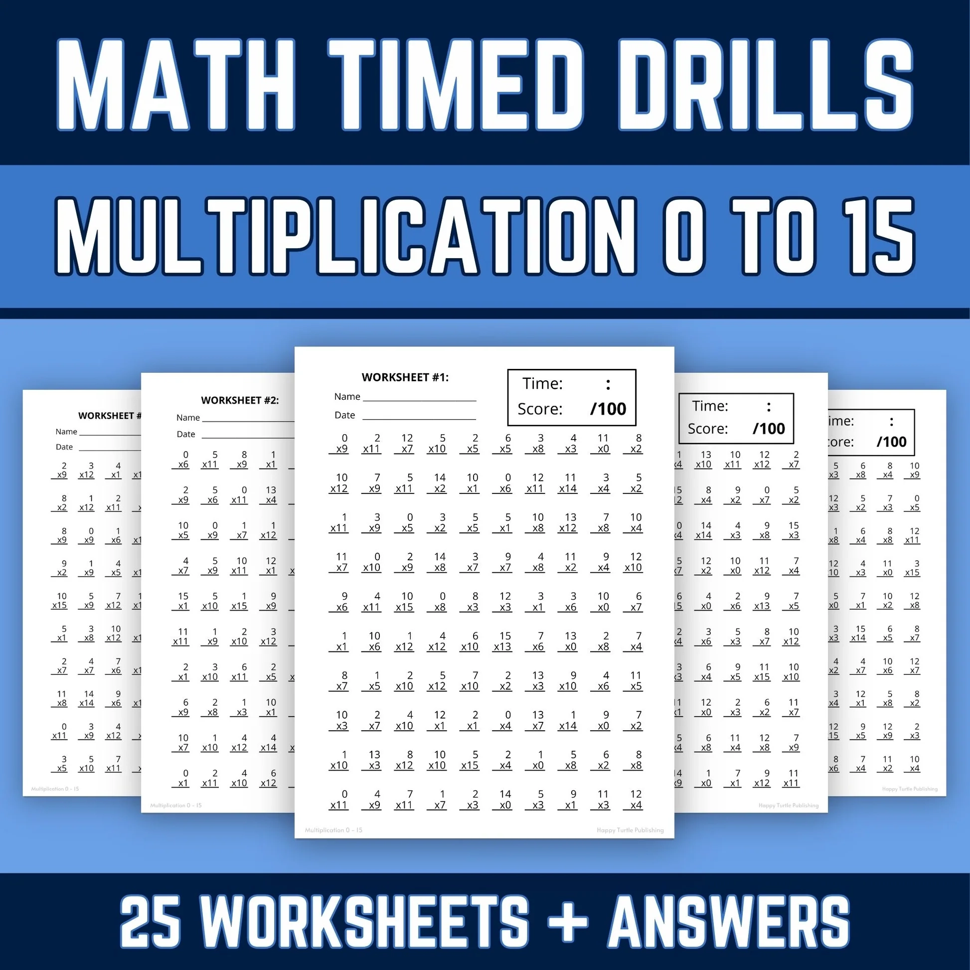 Multiplication Facts 0 To 15 Printable Worksheets With Answer Keys Mu The Happy Turtle LLC