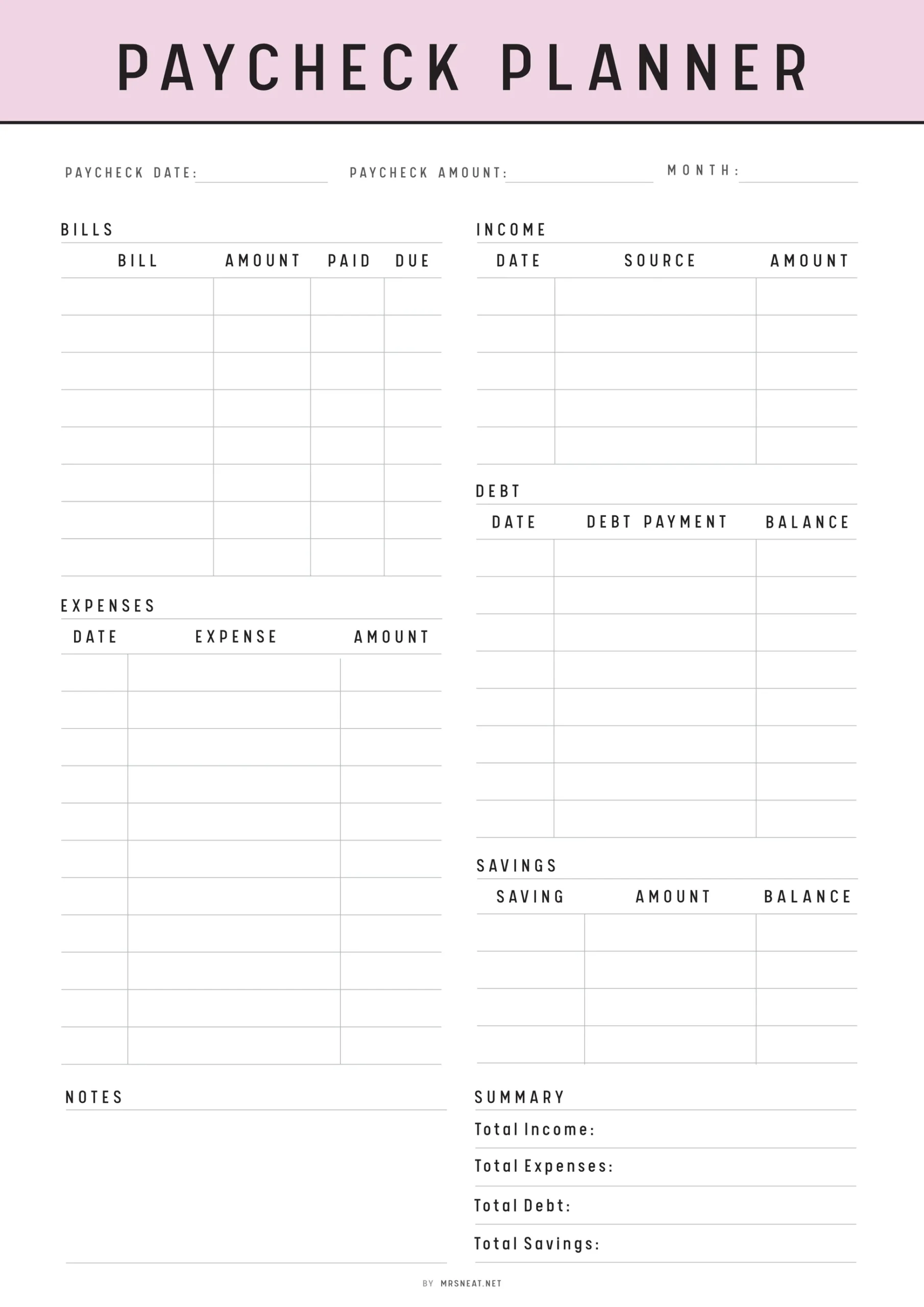 Paycheck Budget Template Printable M417 Mrsneat Paycheck Budget Template Printable M417 Mrsneat
