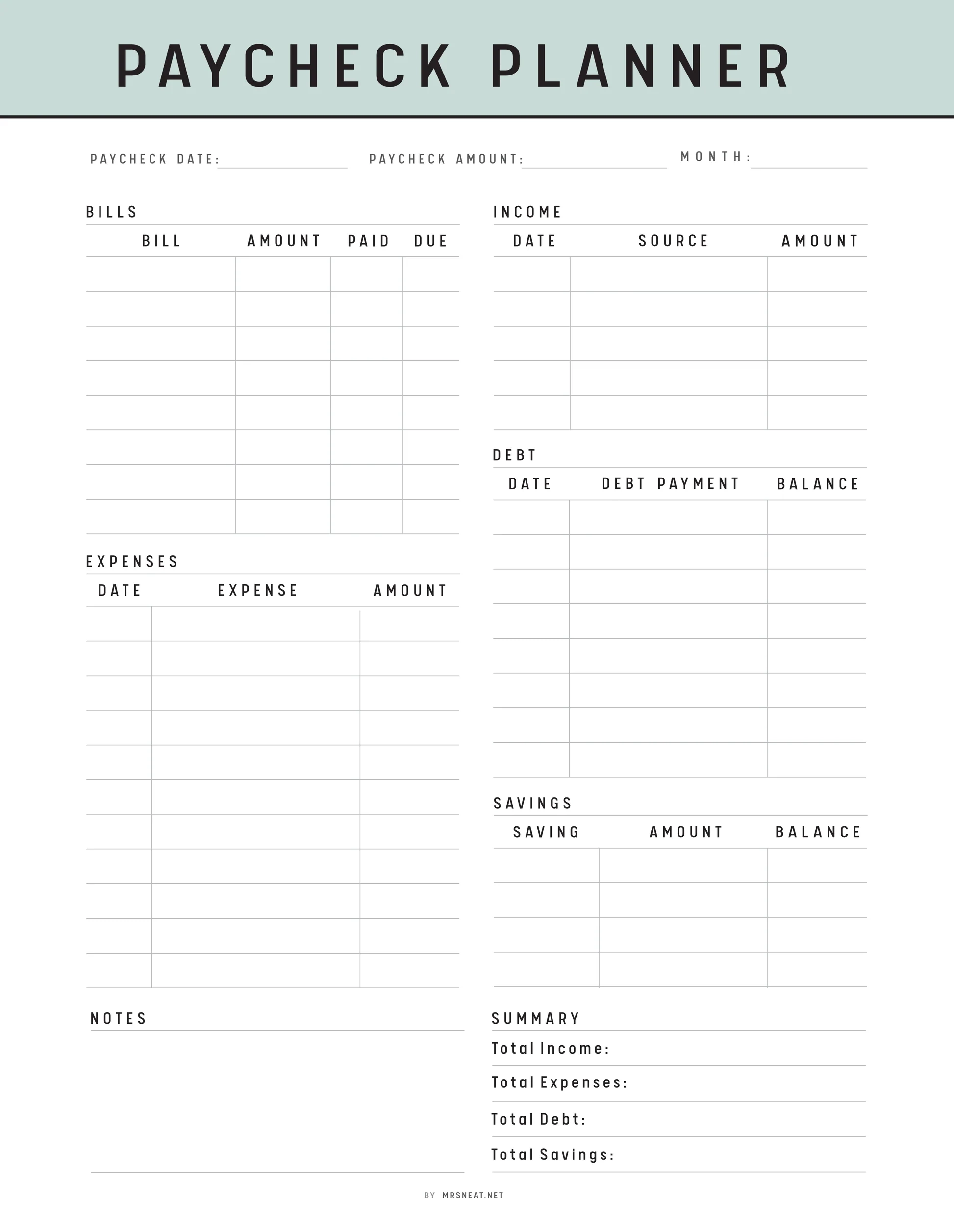 Paycheck Budget Template Printable M417 Mrsneat Paycheck Budget Template Printable M417 Mrsneat