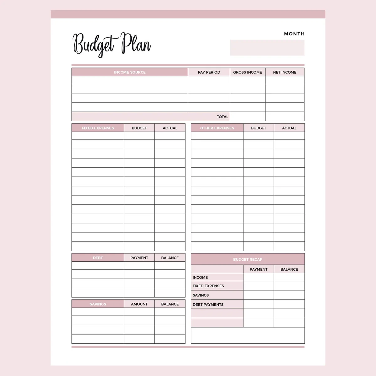 Printable Budget Worksheet US Letter A4 PDF FREE Download Plan Print Land