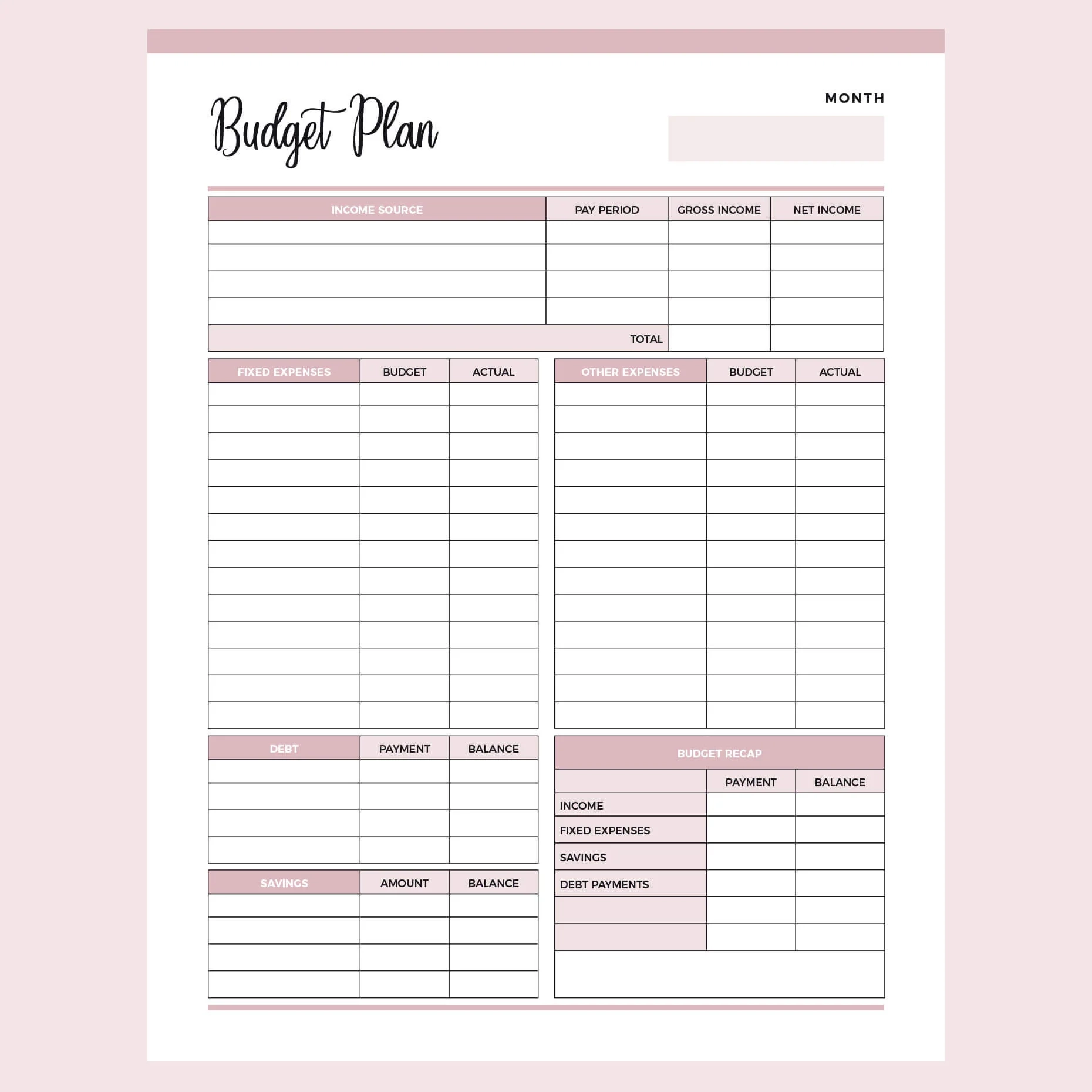 Printable Budget Worksheet US Letter A4 PDF FREE Download Plan Print Land
