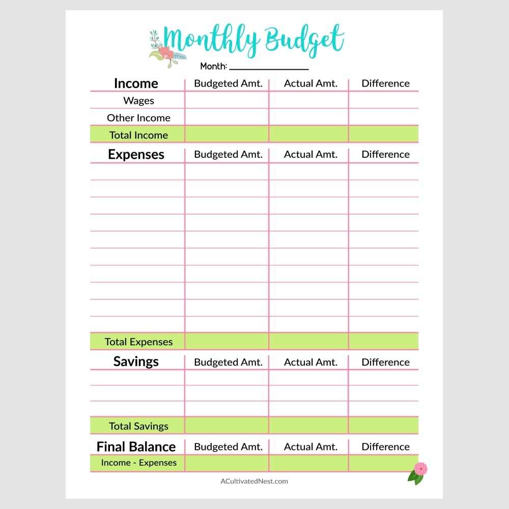 Printable Monthly Budget Worksheet