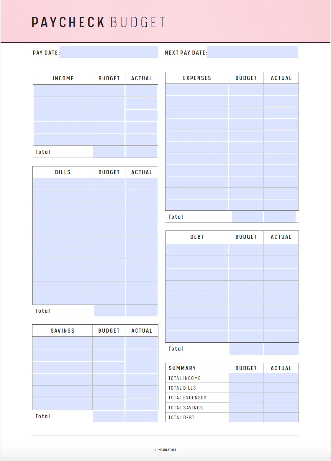Printable Paycheck Budget Template Vol 02 M304 Mrsneat Printable Paycheck Budget Template Vol 02 M304 Mrsneat