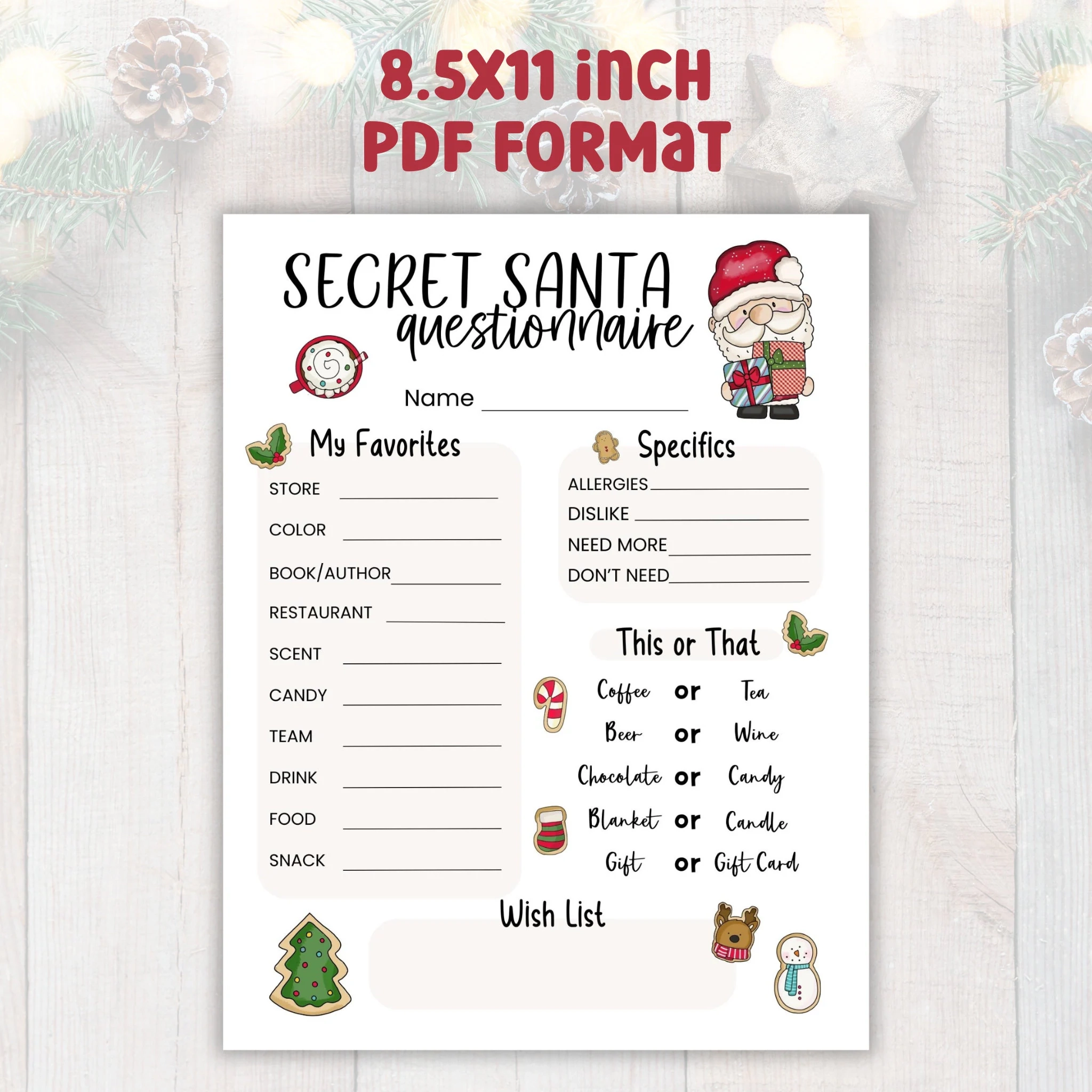 Printable Secret Santa Questionnaire Christmas Holiday Gift Printable Secret Santa Questionnaire Christmas Holiday Gift