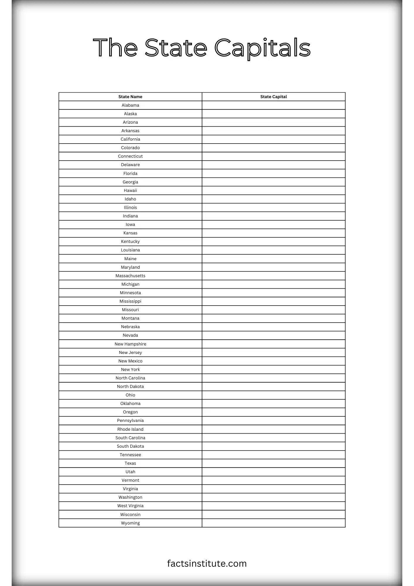 Printable US State Capitals List Worksheet Included The Facts Institute Printable US State Capitals List Worksheet Included The Facts Institute