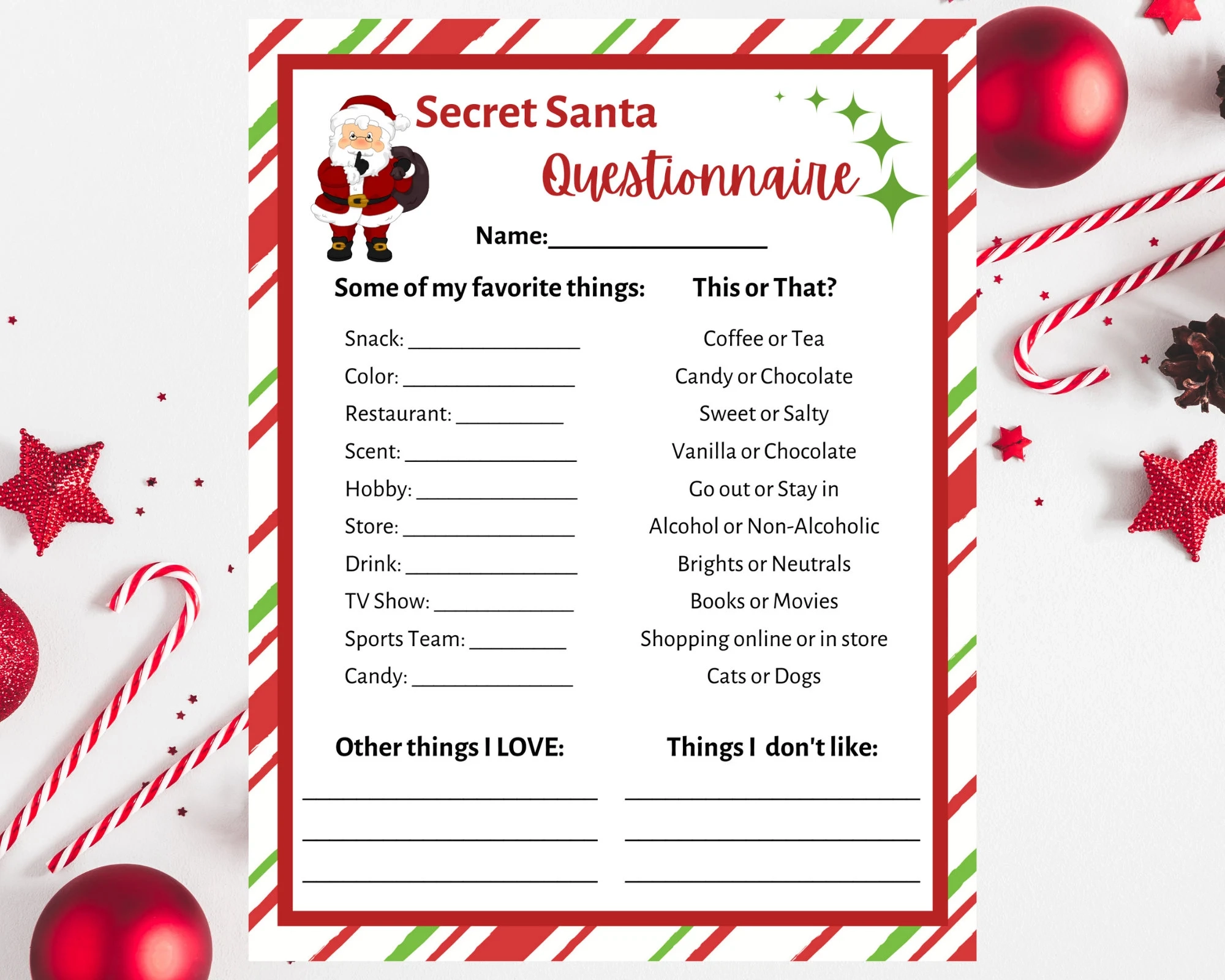 Secret Santa Questionnaire Printable Secret Santa Form Secret Secret Santa Questionnaire Printable Secret Santa Form Secret