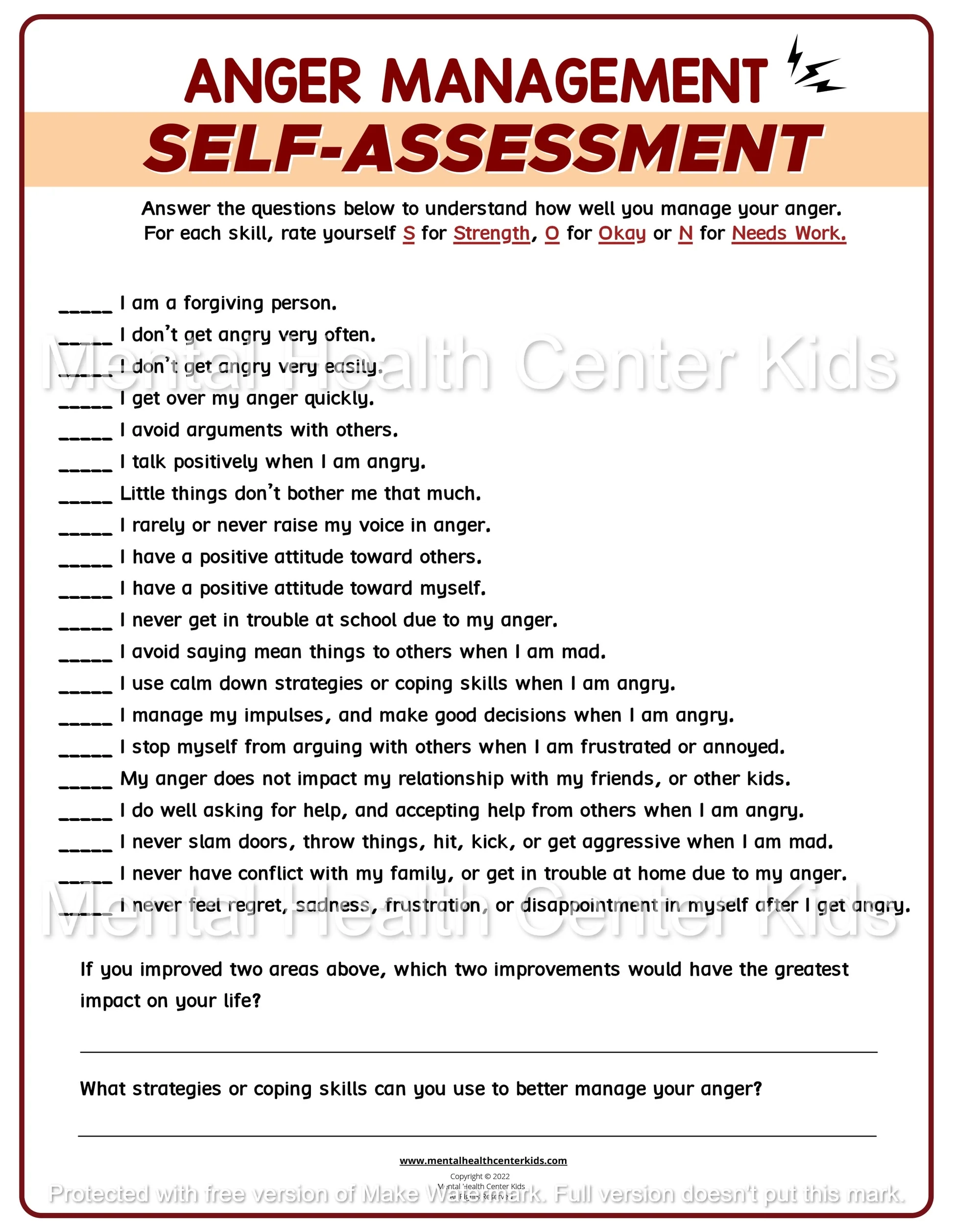 Self Assessment Test For Anger Mental Health Center Kids