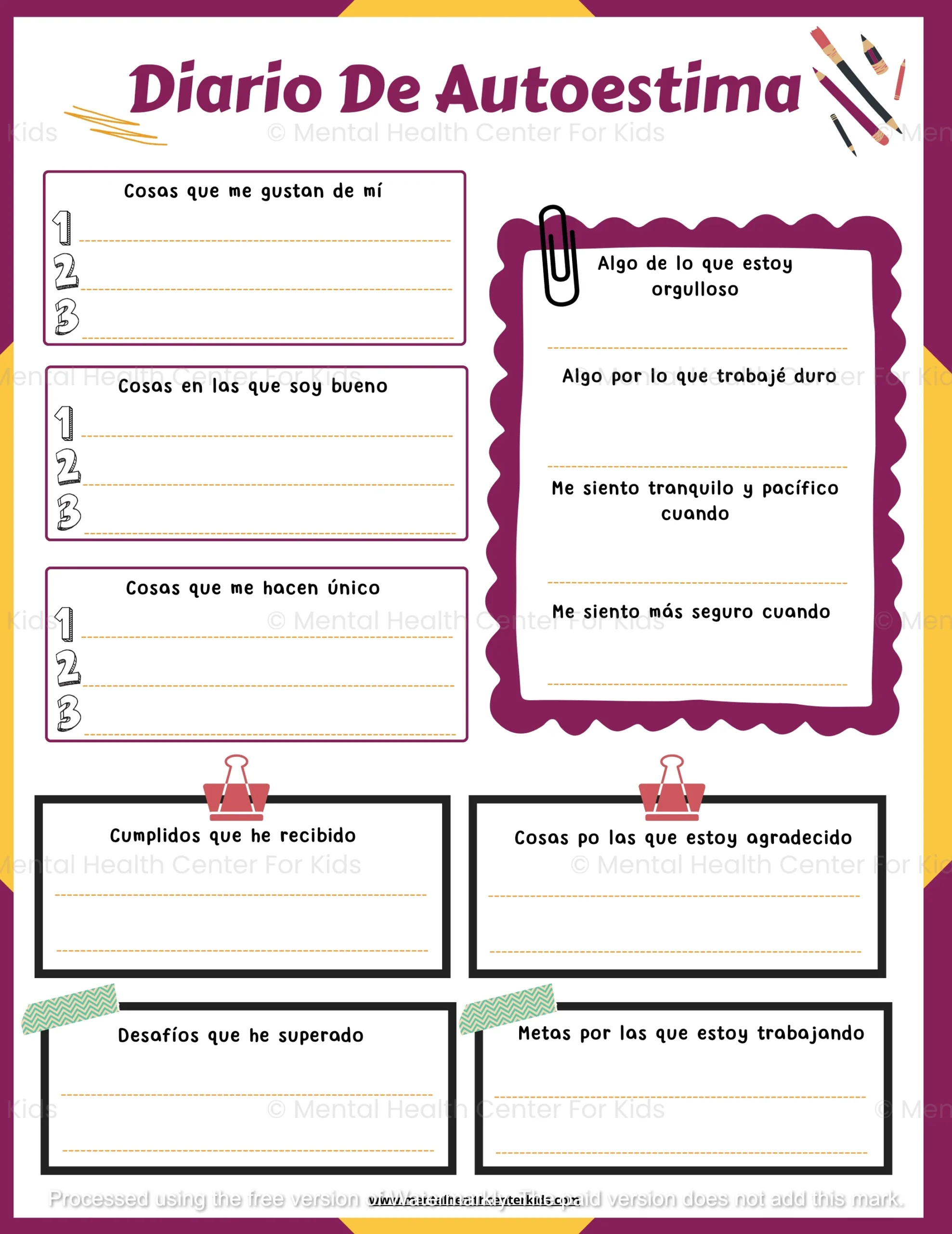 Self Esteem Worksheets Bundle For Kids Spanish Version Mental Health Center Kids