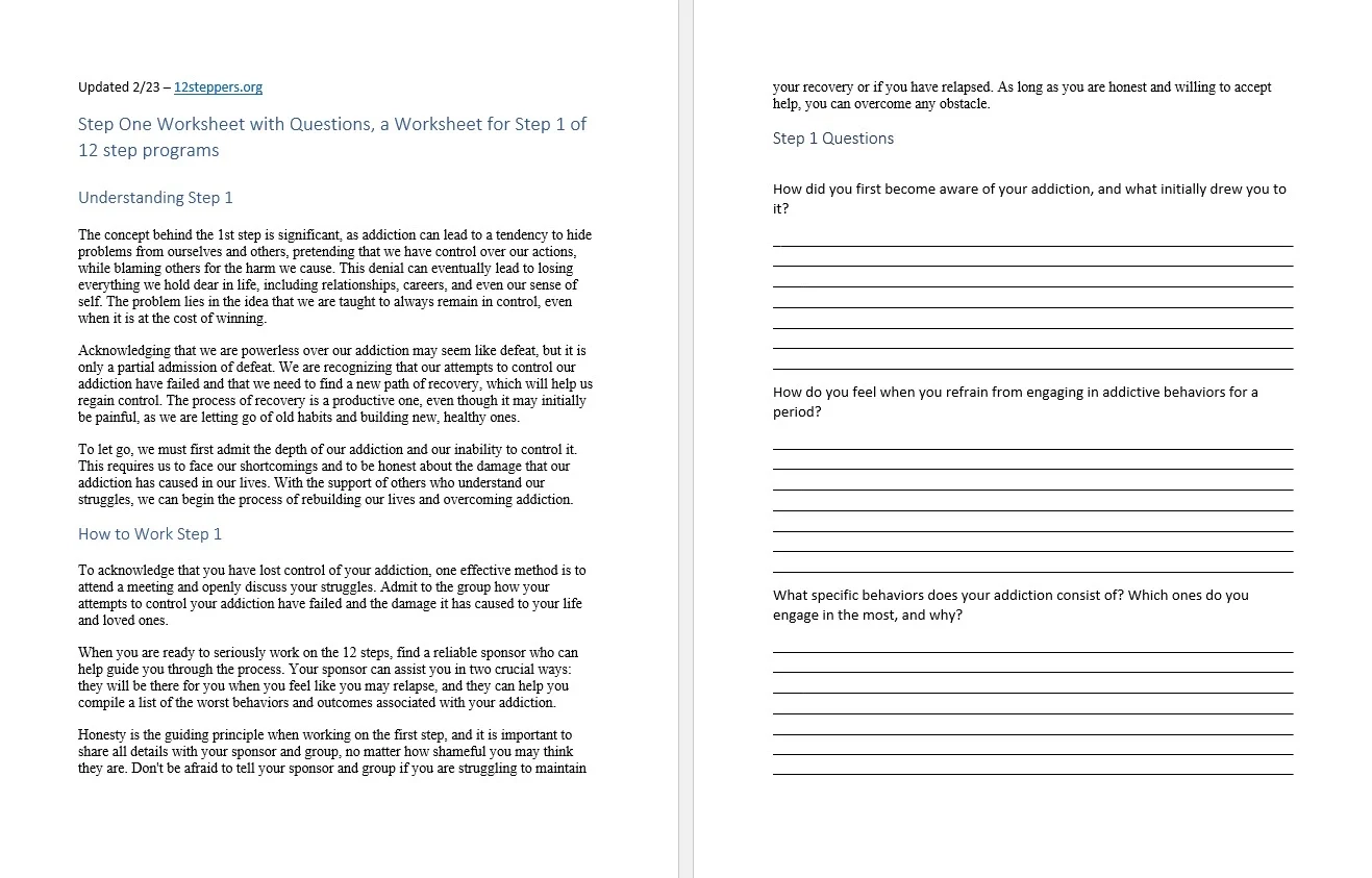 Step 1 Worksheet With Questions Free PDF Download U0026 Print 12 Steppers