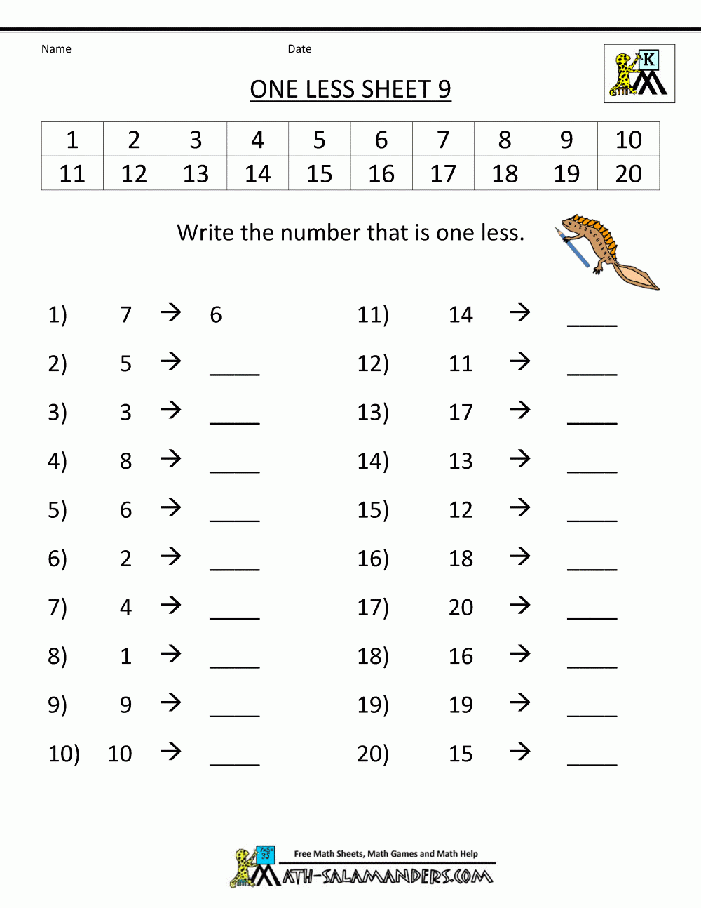 One Less Worksheet One Less Worksheet